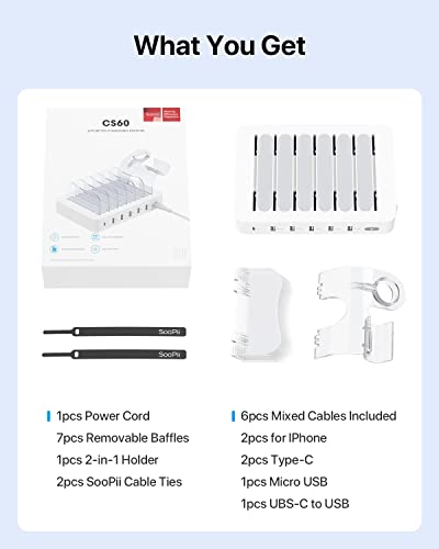 SooPii 60W 6-Port Charging Station for Multiple Devices, PD 20W USB C Fast Charging for lPhone 14/13/12,6 Short Cables Included, 2 in 1 Holder,for Phones,Tablets and Others,White