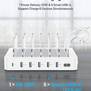 SooPii 60W 6-Port Charging Station for Multiple Devices, PD 20W USB C Fast Charging for lPhone 14/13/12,6 Short Cables Included, 2 in 1 Holder,for Phones,Tablets and Others,White