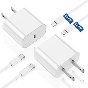 iphone fast charger【apple mfi certified】, 20w usb c wall charger block with 10ft type c to lightning cable [2-pack], fast charging power delivery adapter for iphone 14/13/12/11pro max/xr/se/ipad