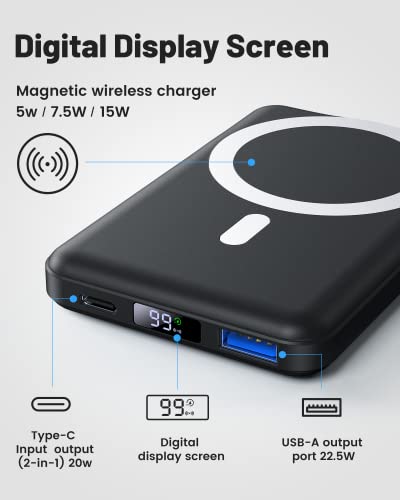 Wireless Power Bank, Yiisonger Slim 10000mAh Magnetic Portable Charger 22.5W PD Fast Charging, Mini Mag-Safe Battery Pack QC3.0 LED Display USB-C Compatible with iPhone 14&13/ Pro Max/Pro/Mini (Black)