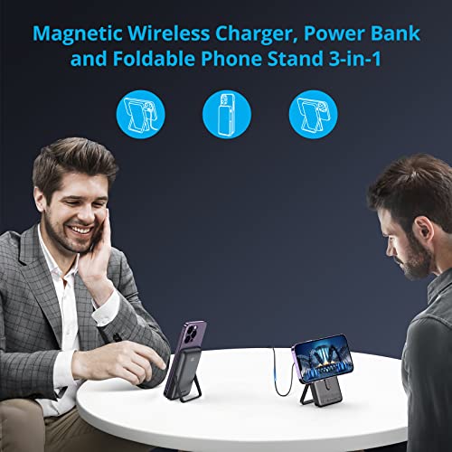 Euker Wireless Portable Charger 10000mAh Magnetic Power Bank PD 20W Mag-Safe Battery Pack with LED Display and Foldable Stand for iPhone 14/13/12 (Grey)