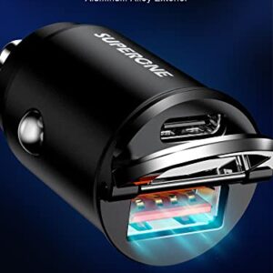 Smallest USB C Car Charger Fast Charge, SUPERONE 60W [Flush Fit] Aluminum Alloy Car Charger PD 30W & QC 30W Cigarette Lighter Compatible with iPhone 14 Pro Max/13/12/11, Samsung S22/S21, iPad, MacBook