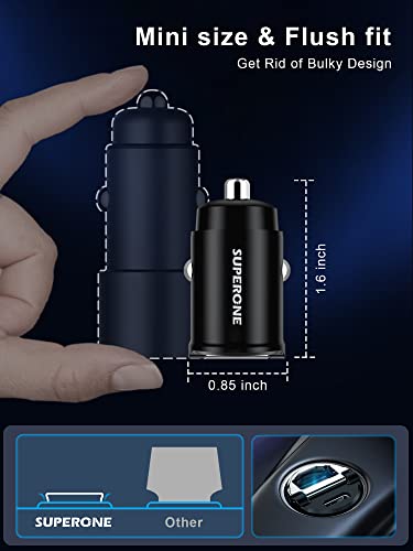 Smallest USB C Car Charger Fast Charge, SUPERONE 60W [Flush Fit] Aluminum Alloy Car Charger PD 30W & QC 30W Cigarette Lighter Compatible with iPhone 14 Pro Max/13/12/11, Samsung S22/S21, iPad, MacBook