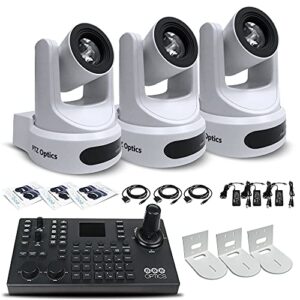 3 x ptzoptics 30x-ndi broadcast and conference camera (white) (pt30x-ndi-wh) + superjoy ip and serial controller + 3 x universal wall mount bracket (white) – triple camera, mount and controller bundle