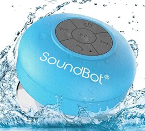 soundbot sb510 bluetooth shower speaker hd water resistant bathroom speakers, handsfree portable speakerphone with built-in mic, 6hrs of playtime, control buttons and dedicated suction cup (blue)