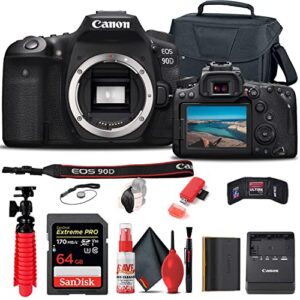 canon eos 90d dslr camera (body only) (3616c002) + 64gb memory card + case + card reader + flex tripod + hand strap + cap keeper + memory wallet + cleaning kit (renewed)