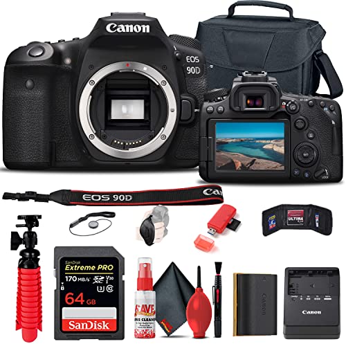 Canon EOS 90D DSLR Camera (Body Only) (3616C002) + 64GB Memory Card + Case + Card Reader + Flex Tripod + Hand Strap + Cap Keeper + Memory Wallet + Cleaning Kit (Renewed)