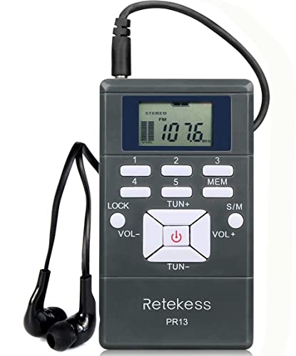 Retekess PR13 Portable FM Radio, Pocket FM Radio Receiver, AAA Battery Powered Personal Mini Stereo Radio with Earphone and Lock Key for Walking, Jogging, Mowing, Church, Tour Guide (Gray)