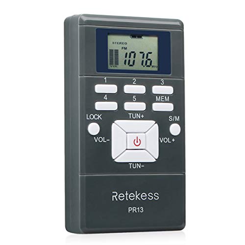 Retekess PR13 Portable FM Radio, Pocket FM Radio Receiver, AAA Battery Powered Personal Mini Stereo Radio with Earphone and Lock Key for Walking, Jogging, Mowing, Church, Tour Guide (Gray)