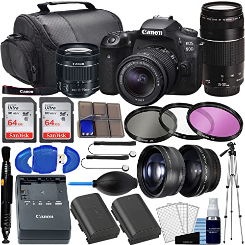 Camera EOS 90D DSLR Camera Bundle with EF-S 18-55mm is STM Lens + EF 75-300mm III Lens + 0.43x Wide Angle Lens, 2.2X Telephoto Lens, 128GB Memory, 3pc Filter Kit + Deluxe Bag + Professional Kit