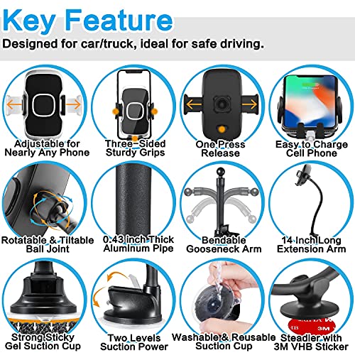 1Zero Solid Car Truck Phone Mount Holder with 14-Inch Gooseneck Long Arm, Windshield Window Mobile Holders w/Industrial-Strength Suction Cup, Anti-Shake Stabilizer Compatible All Cell Phones iPhone