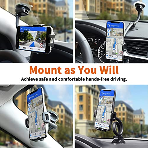 1Zero Solid Car Truck Phone Mount Holder with 14-Inch Gooseneck Long Arm, Windshield Window Mobile Holders w/Industrial-Strength Suction Cup, Anti-Shake Stabilizer Compatible All Cell Phones iPhone