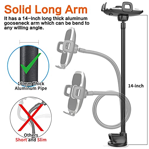 1Zero Solid Car Truck Phone Mount Holder with 14-Inch Gooseneck Long Arm, Windshield Window Mobile Holders w/Industrial-Strength Suction Cup, Anti-Shake Stabilizer Compatible All Cell Phones iPhone