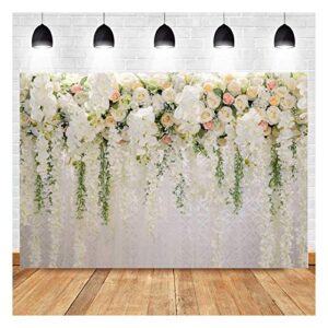 White Rose Floral Theme Photography Backdrops Bridal Shower Wedding Flowers Photo Background Baby Girl Birthday Party Portrait Dessert Cake Table Decor Photo Booth Studio Props 7x5ft Vinyl