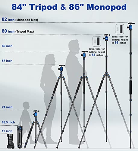 Camera Tripod, 80/84 inches Heavy Duty Tripod for Camera and Phone, 82" Camera Monopod Tripod, DSLR Binoculars Spotting Scope Camcorders Video Tripod Stand, 360 Degree Ball Head, 35 lbs Loads