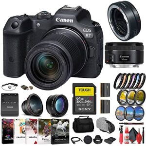 canon eos r7 mirrorless camera with 18-150mm lens (5137c009) + canon ef 50mm lens (0570c002) + canon mount adapter + 64gb card + filter kit + wide angle lens + telephoto lens + more (renewed)