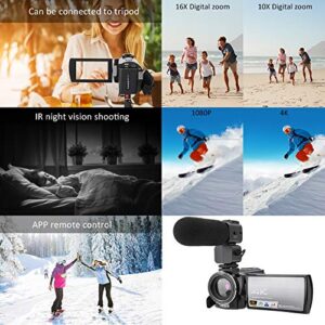 Digital Video Camera, Professional Video Camera 4K Camera, Night Vision HD 3.0inch Touch Screen for Travel Professionals Outdoor Enthusiast(Standard + Microphone + Battery, Transparency)