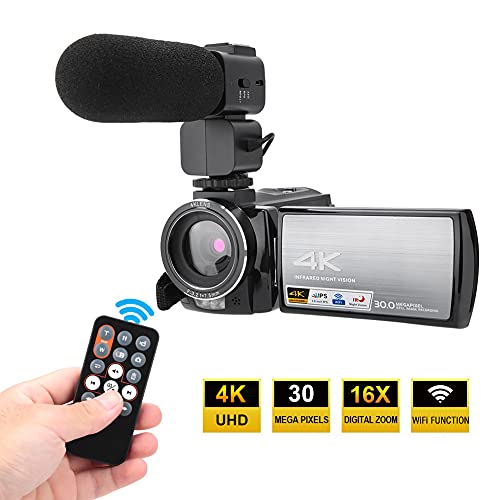 Digital Video Camera, Professional Video Camera 4K Camera, Night Vision HD 3.0inch Touch Screen for Travel Professionals Outdoor Enthusiast(Standard + Microphone + Battery, Transparency)