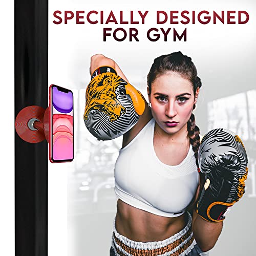 Gym Double Sided Magnetic Phone Holder (2022 Extra Strong New Edition) - Cell Phone Gym Holder for Pictures and Video Capture Hands Free Selfie- Phone Magnet Mount (Red)