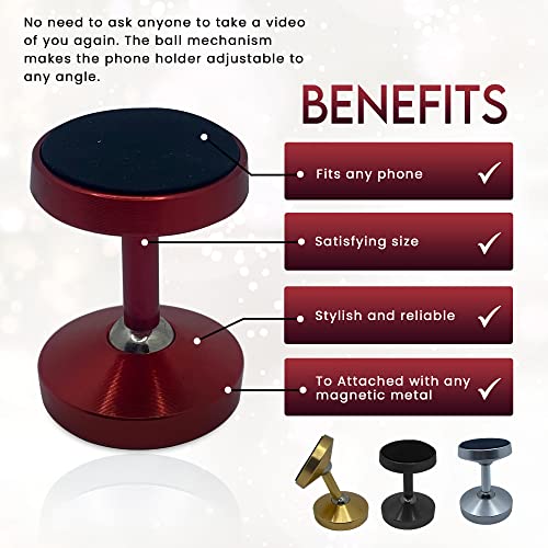 Gym Double Sided Magnetic Phone Holder (2022 Extra Strong New Edition) - Cell Phone Gym Holder for Pictures and Video Capture Hands Free Selfie- Phone Magnet Mount (Red)