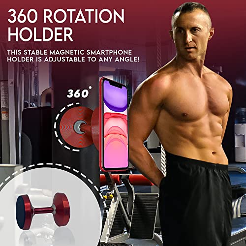 Gym Double Sided Magnetic Phone Holder (2022 Extra Strong New Edition) - Cell Phone Gym Holder for Pictures and Video Capture Hands Free Selfie- Phone Magnet Mount (Red)