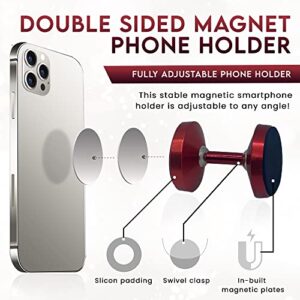 Gym Double Sided Magnetic Phone Holder (2022 Extra Strong New Edition) - Cell Phone Gym Holder for Pictures and Video Capture Hands Free Selfie- Phone Magnet Mount (Red)