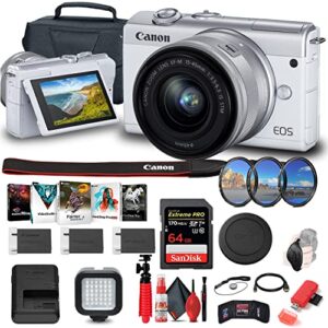 canon eos m200 mirrorless digital camera with 15-45mm lens (white) (3700c009) + 64gb card + case + filter kit + corel photo software + 2 x lpe12 battery + external charger + more (renewed)