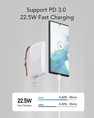 VRURC Magnetic Power Bank for iPhone, 10000mAh Wireless Portable Charger, 5W/7.5/10W/15W Charging & Max 22.5W USB Port Fast Charging, Battery Pack Compatible with iPhone 14/13/12 Series - White