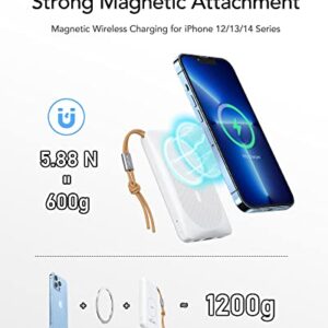 VRURC Magnetic Power Bank for iPhone, 10000mAh Wireless Portable Charger, 5W/7.5/10W/15W Charging & Max 22.5W USB Port Fast Charging, Battery Pack Compatible with iPhone 14/13/12 Series - White