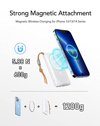 VRURC Magnetic Power Bank for iPhone, 10000mAh Wireless Portable Charger, 5W/7.5/10W/15W Charging & Max 22.5W USB Port Fast Charging, Battery Pack Compatible with iPhone 14/13/12 Series - White