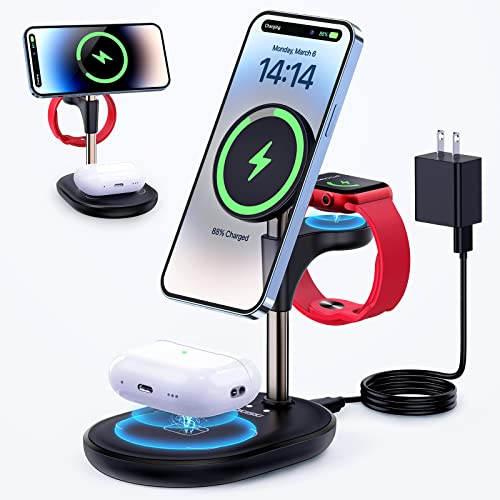 LOKIISKI 3 in 1 Wireless Charging Station for Multiple Devices Apple, 18W QC3.0 Fast Magnetic MagSafe Charger Stand, Gifts for iPhone 14 13 12 Pro Max/Plus/Pro/Mini, iWatch Ultra/8/7/6/5/4/3/2 AirPods