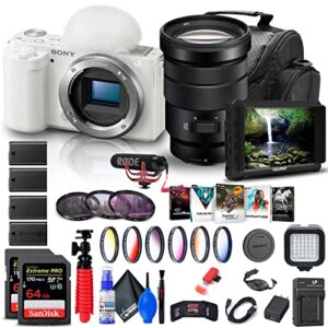 sony zv-e10 mirrorless camera (body only, white) (ilczv-e10/w) + sony 18-105mm lens + 4k monitor + pro mic + 2 x 64gb card + color filter kit + filter kit + corel photo software + bag + more (renewed)
