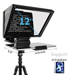 ILOKNZI i7 /12 inch Teleprompter with Remote Control, Adjustable Camera mounting Platform Aluminum Made for 12.9" Tablets Rotatable Tempered Optical Glass Includes Carry case.