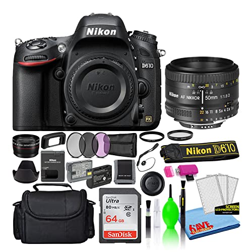 Nikon D610 24.3MP DSLR FX-Format Digital Camera with AF 50mm f/1.8D Lens (1540) Deluxe Bundle with 64GB SD Card + Large Camera Bag + Filter Kit + Spare EN-EL15 Battery + Telephoto Lens (Renewed)