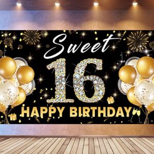 sweet 16 backdrop birthday decorations, sweet sixteen photo booth props, black gold happy 16th birthday party decorations for girls, large fabric 16th birthday backdrop banner 71 * 43 inch phxey