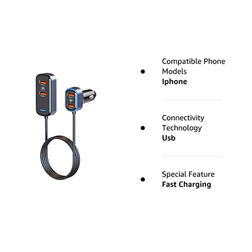 Impulsiqs 6 Port USB C Car Charger Adapter – 75W Car USB Charger Multi Port 5 ft Backseat Extension - 12v Cigarette Lighter USB Charger Plug - Super Fast Type C PD3.0 QC3.0 Compatible with iPhone