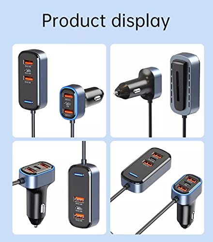 Impulsiqs 6 Port USB C Car Charger Adapter – 75W Car USB Charger Multi Port 5 ft Backseat Extension - 12v Cigarette Lighter USB Charger Plug - Super Fast Type C PD3.0 QC3.0 Compatible with iPhone