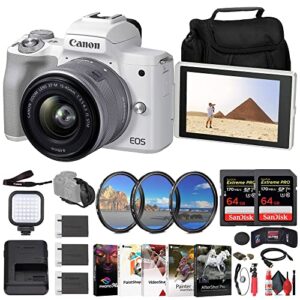 canon eos m50 mark ii mirrorless camera with 15-45mm lens (white) (4729c004) + 2 x 64gb memory card + filter kit + 2 x lpe12 battery + card reader + led light + corel photo software + more (renewed)