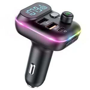 vr robot upgraded bluetooth fm transmitter for car, wireless bluetooth 5.0 fm car adapter with dual usb ports,support 20w pd+qc3.0 fast charger, stronger microphone,7 colors led backlit