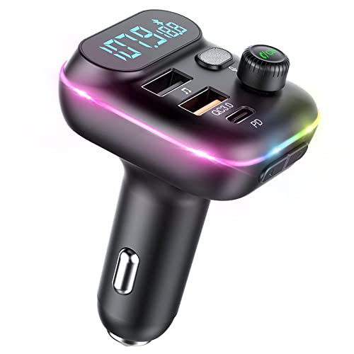 VR robot Upgraded Bluetooth FM Transmitter for Car, Wireless Bluetooth 5.0 FM Car Adapter with Dual USB Ports,Support 20W PD+QC3.0 Fast Charger, Stronger Microphone,7 Colors LED Backlit