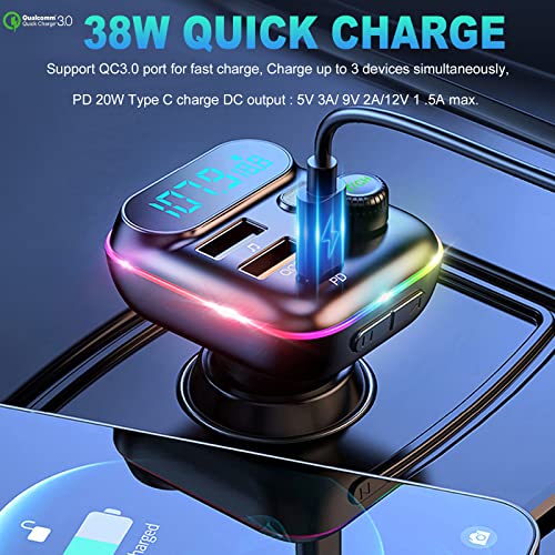 VR robot Upgraded Bluetooth FM Transmitter for Car, Wireless Bluetooth 5.0 FM Car Adapter with Dual USB Ports,Support 20W PD+QC3.0 Fast Charger, Stronger Microphone,7 Colors LED Backlit