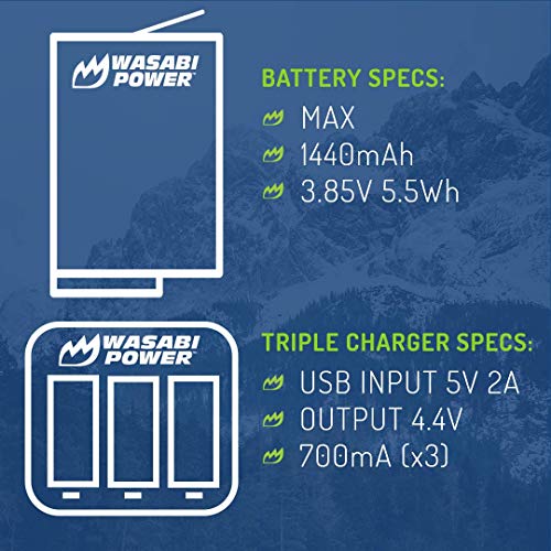 Wasabi Power Replacement for GoPro MAX Battery (2-Pack) and USB Triple Charger, High-Speed 3-Channel Charger Compatible with GoPro ACDBD-001, ACBAT-001 (Fully Compatible)