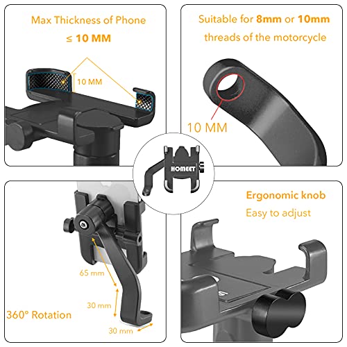 Homeet Motorcycle Phone Mount, Metal Motorcycle Phone Holder Motorbike Rearview Mirror Smartphone Holder Mount Universal 【Φ10mm】- 360° Rotation Adjustable - Aluminum Alloy