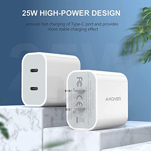 USB C Charger, Amoner 2Pack Type C Fast Charger, Dual Port 25W PD Fast USB C iPhone Wall Charger Compatible with iPhone 14/13/12/12 mini/12 Pro/12 Pro Max, iPhone 11/11 Pro/11 Pro Max, XR/XS/X/8