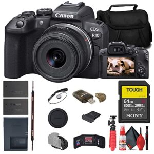 canon eos r10 mirrorless camera with 18-45mm lens (5331c009) + sony 64gb tough sd card + bag + card reader + flex tripod + hand strap + memory wallet + cap keeper + cleaning kit (renewed)