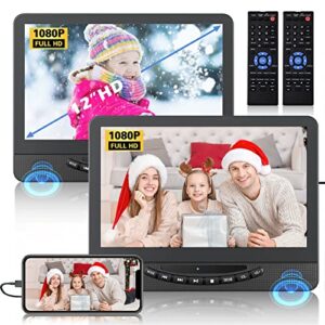 12″ dual portable dvd player for car with 1080p hdmi input, feleman car dvd player dual screen play a same or two different movies, 5 hours rechargeable battery, support usb, last memory