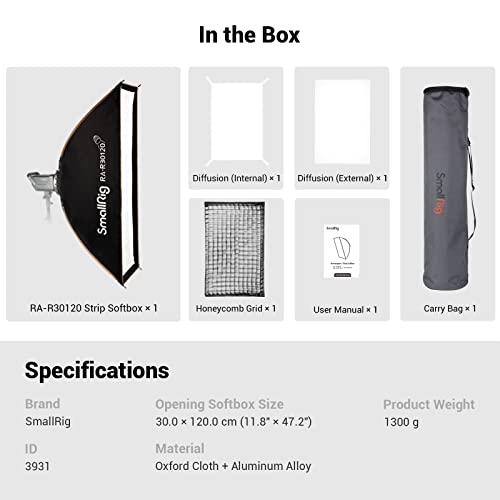 SMALLRIG Strip Softbox with Quick Release Pressing Design, 30 x 120cm (11.8" x 47.2") Bowens Mount Softbox with Beam Grid & Diffusers for Studio Lighting, RA-R30120 - 3931