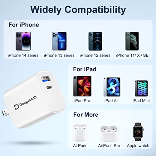 USB C Charger, Deegotech 20W PD iPhone Fast Charger, Dual Port Foldable Plug Type C Charger Compatible with iPhone 14/14 Pro/14 Pro max/13 Pro max/12/11/X/SE3, iPad Pro