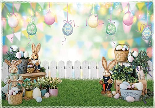 ZTHMOE 7x5ft Durable Fabric Easter Photography Backdrop Spring Garden Flower Stand Fence Eggs Grass Background Floral Bunny Tapestry Photo Booth