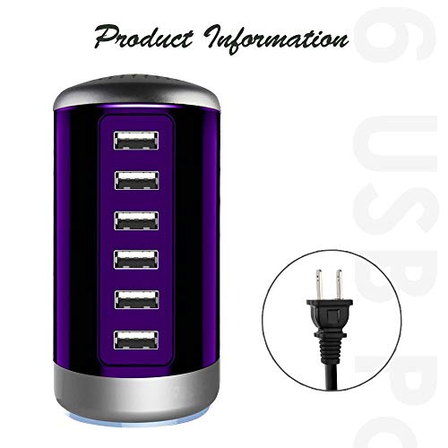 Universal USB Charger 6-Port Desktop USB Charging Station Hub with Smart Identification Technology Compatible with iPhone iPad Cell Phone Tablets(Purple)